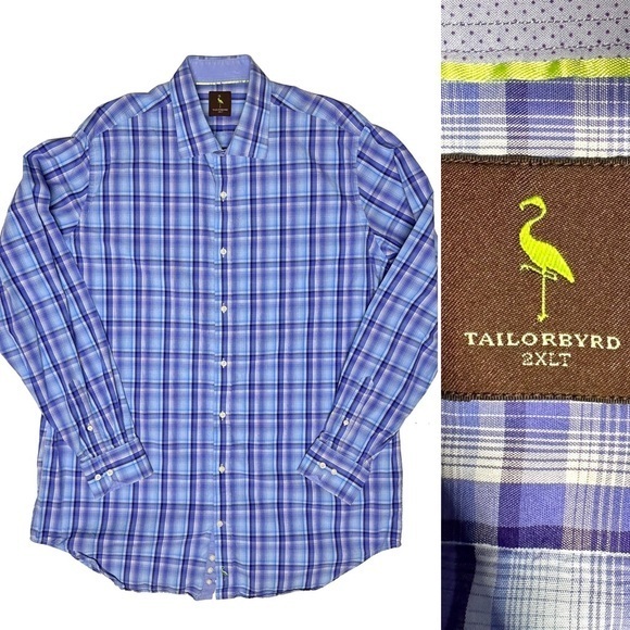 Tailorbyrd Blue Plaid Men’s Button Down Shirt Contrast Collar & Cuffs 2XL Tall - Picture 1 of 14